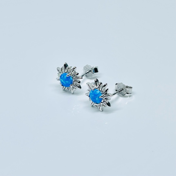 Sterling Silver Blue Lab Opal Blazing Sun Earrings, Silver Stud Earring, Sunny - Picture 5 of 13